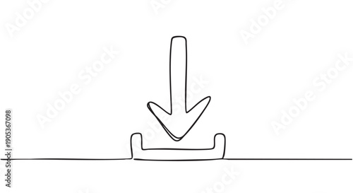 Minimalist continuous line hand-drawn download icon, rendered in a simple black outline, symbolizes data transfer, updates, and digital content acquisition with a clean, modern aesthetic