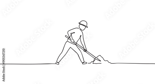 Continuous line drawing of a worker wearing a hard hat, actively digging with a shovel into a small pile of dirt, rendered in a minimalist artistic style