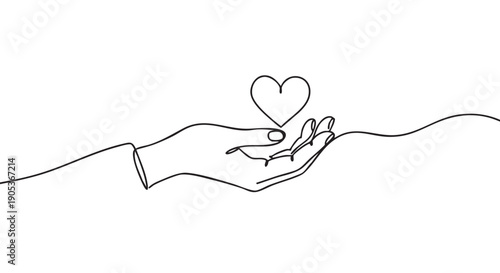 Minimalist continuous line drawing of a hand gently holding a heart, symbolizing care, love, and connection in a simple black and white illustration
