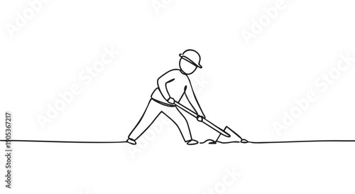 Continuous line drawing of a construction worker wearing a hard hat, actively digging the ground with a shovel, rendered in a minimalist, abstract black ink style