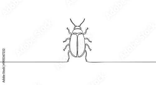 Minimalist continuous line drawing of a beetle, depicted with elegant simplicity and a clean aesthetic, showcasing its insect form with artistic precision