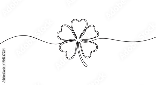 Minimalist continuous line drawing of a four-leaf clover with heart-shaped leaves, symbolizing luck and good fortune, rendered in a simple, elegant black outline style