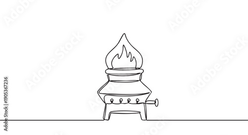Single continuous line drawing of a barbecue grill with stylized flames rising from its top, presented in a minimalist and modern illustration style