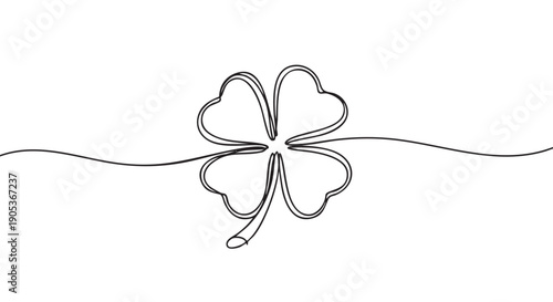 Minimalist black continuous line four-leaf clover illustration elegantly drawn with a single flowing stroke, symbolizing luck, nature, and Irish heritage in a clean, artistic style