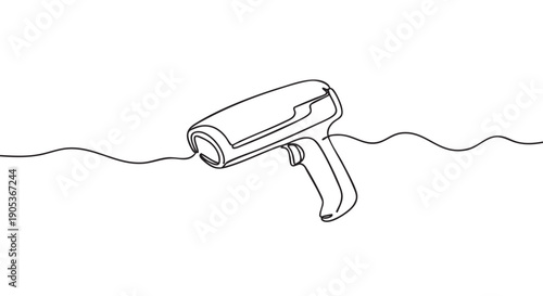 Minimalist black outline continuous line hair dryer is depicted with a single flowing stroke, creating a modern and artistic illustration of the beauty tool