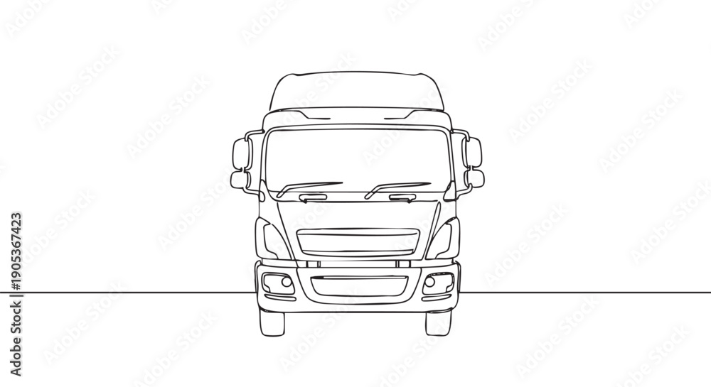Obraz premium Minimalist continuous line drawing of a modern truck's front cabin, showcasing its grille, headlights, and side mirrors in a clean, simple artistic style
