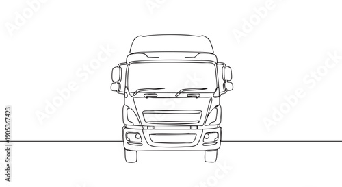 Minimalist continuous line drawing of a modern truck's front cabin, showcasing its grille, headlights, and side mirrors in a clean, simple artistic style