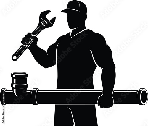 A silhouette of a plumber holding a large pipe and adjustable wrench,world plumbing day