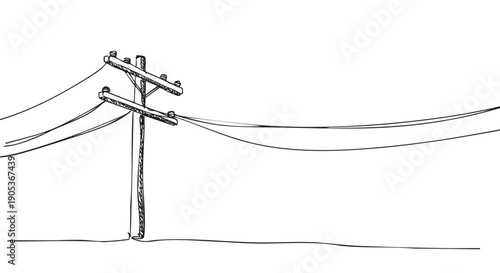 Hand drawn sketch of a utility pole with multiple power lines extending horizontally, depicted in a simple black and white outline style, illustrating infrastructure and connectivity