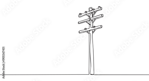 Simple continuous line drawing of a utility pole with three crossarms, rendered in a minimalist artistic style with bold black outlines