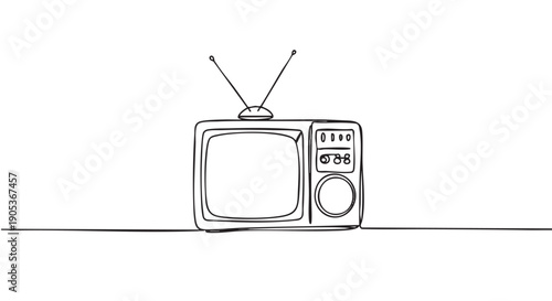 Old-fashioned continuous line drawing television set with rabbit ear antennas and side controls, rendered in a minimalist retro style with clean black lines