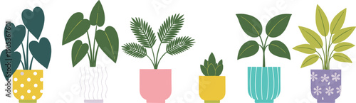 Potted houseplant collection with decorative flowerpots and indoor greenery isolated on white background modern flat vector illustration set