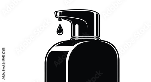 Black bottle with a pump dispenser releasing a drop on a white background simple illustration