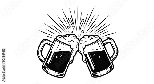 Two beer mugs clinking together with foam and splash lines festive drinking concept