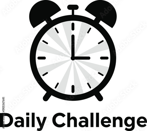 Black and white minimalist alarm clock vector illustration featuring Daily Challenge text for morning routine productivity schedule management and time tracking concept isolated on white