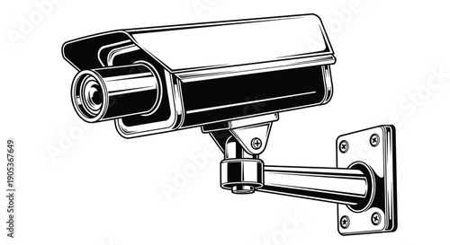 Security camera mounted on wall bracket detailed black and white illustration surveillance technology for safety and monitoring purposes