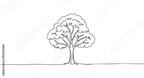 Single continuous line drawing of a stylized tree with a full canopy and visible branches, rendered in a minimalist black and white illustration style