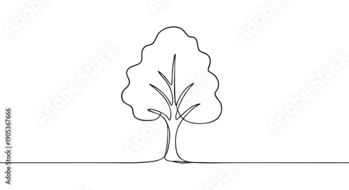 Simple continuous line drawing of a stylized tree with a flowing canopy and visible trunk, presented in a minimalist artistic style