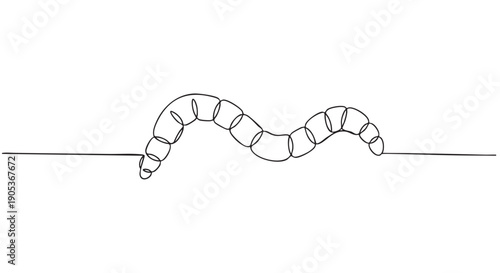 Continuous line drawing depicts a segmented worm-like creature emerging from a straight horizontal line, rendered in a minimalist, artistic style