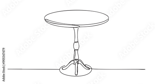 Elegant round pedestal table drawn in a continuous single line art style, showcasing its minimalist design and graceful silhouette with a clean, modern aesthetic