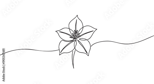 Beautiful minimalist single line art flower drawing with elegant petals and a continuous flowing black outline, symbolizing nature and simplicity
