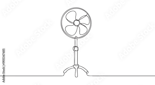 Minimalist continuous line art drawing of a modern pedestal fan, depicted with a sleek design and smooth, flowing strokes, creating a clean and elegant illustration