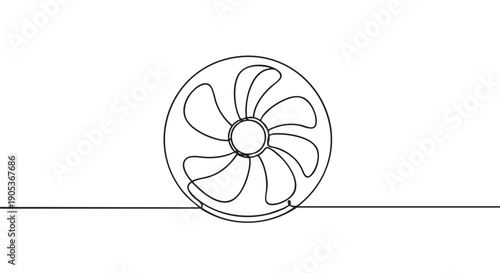 Continuous line drawing of a rotating fan blade with five distinct curved vanes, rendered in a minimalist artistic style, extending horizontally across the frame