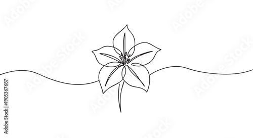 Beautiful minimalist continuous line art flower illustration with delicate petals and a flowing horizontal line, creating an elegant and serene artistic design