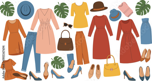 Women fashion outfit collection with dresses jeans handbags shoes hats and accessories isolated on white background autumn style vector illustration set