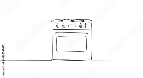 Minimalist continuous line drawing of a modern kitchen stove with an oven, featuring four burners, control knobs, and a sleek handle, presented in a clean, artistic style