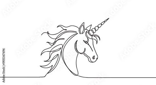 Elegant continuous line art unicorn head drawing with a flowing mane and a majestic spiral horn, rendered in a minimalist and artistic style