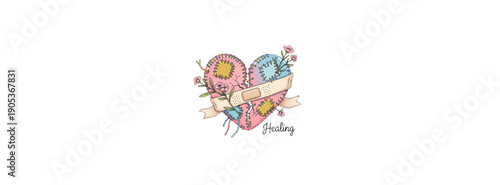 Sewing kit illustration with scissors, threads, and buttons on white background from directly above