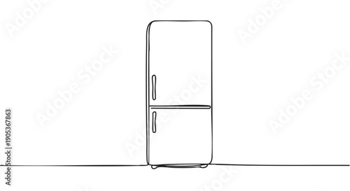 Minimalist continuous line drawing of a refrigerator, featuring two doors with handles, rendered in a simple, artistic, and modern hand-drawn style