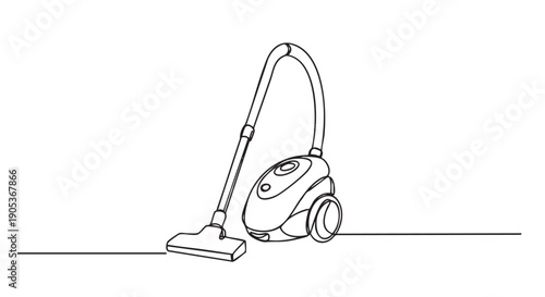 Modern canister vacuum cleaner is depicted in a minimalist continuous line art style, illustrating the concept of home cleaning and domestic chores
