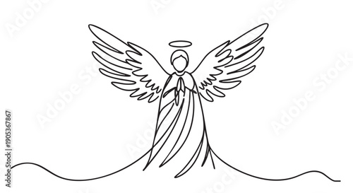 Minimalist continuous line art angel with outstretched wings and a halo, depicted with hands clasped in a serene, spiritual pose, rendered in a clean, modern illustration style