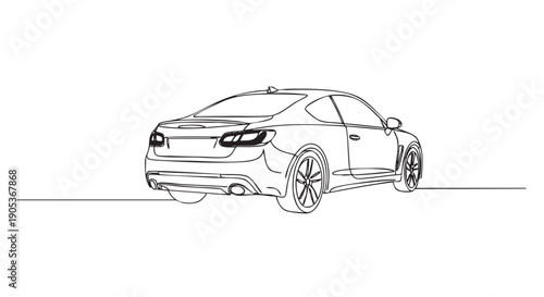 Sleek modern two-door coupe car is depicted in a continuous single line art style, showcasing its dynamic rear-three-quarter view with elegant contours and detailed wheels