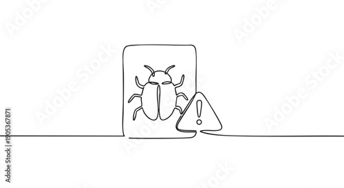 Continuous line drawing of a computer bug icon with an exclamation warning sign, symbolizing software errors, cybersecurity threats, or system problems in a minimalist style