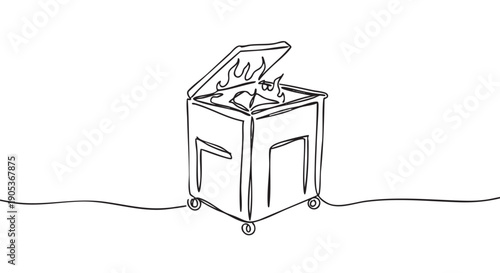 Burning dumpster with flames inside, depicted in a clean, minimalist continuous line art style, showcasing a concept of destruction, waste, or environmental issues