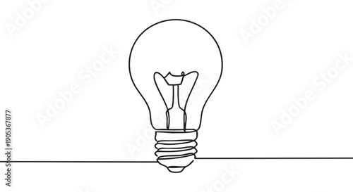 Single continuous line drawing of a light bulb, rendered in a minimalist black outline style, symbolizing innovation, creativity, and bright new ideas