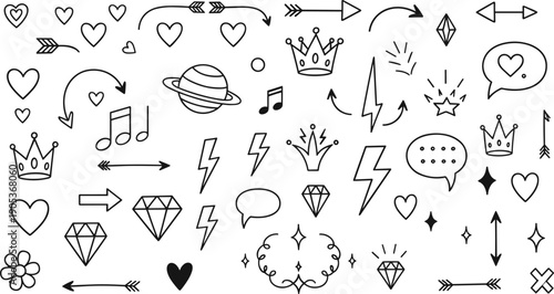 Hand drawn doodle icon collection with hearts arrows crowns lightning speech bubbles diamonds and stars isolated on white background line art vector illustration set