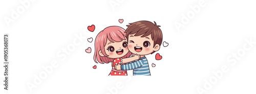 Cartoon couple embracing surrounded by hearts from a front viewpoint illustration