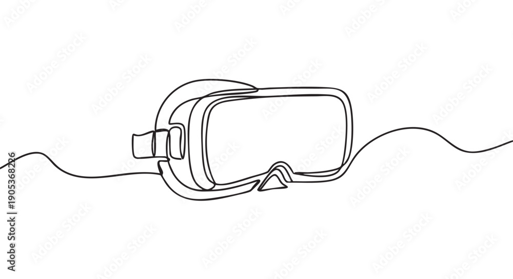 Obraz premium Minimalist continuous line drawing virtual reality headset is depicted with elegant black lines on a clean white canvas, representing modern technology and immersive experiences
