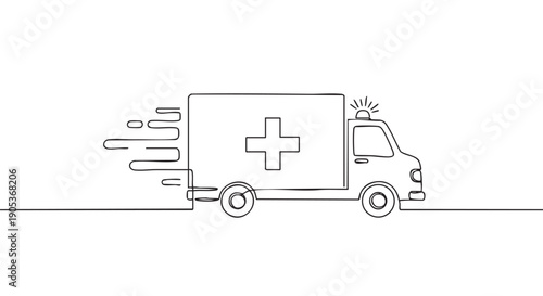 Continuous line drawing of an emergency ambulance, featuring a medical cross and a flashing siren, depicted with speed lines to convey urgency and rapid response in a clean, minimalist style