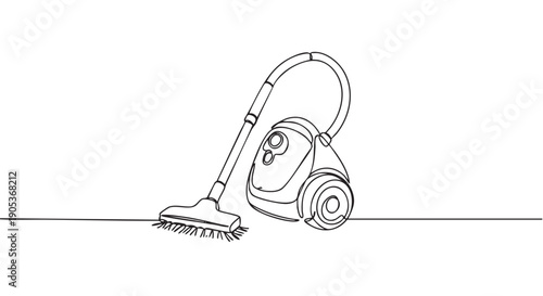 Modern continuous line art vacuum cleaner with a hose and floor nozzle is depicted in a minimalist black and white illustration, showcasing household cleaning equipment