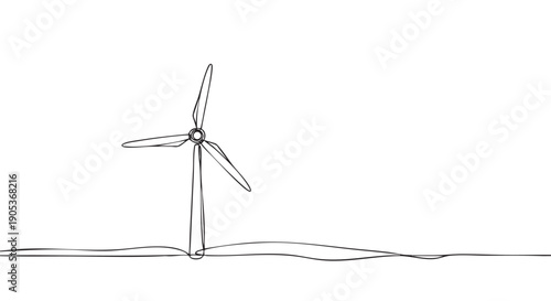 Minimalist continuous line drawing of a wind turbine with three blades, symbolizing clean energy and sustainable power generation in a simple, elegant style