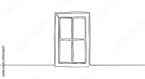 Simple continuous line art window with four panes is depicted in a minimalist black and white illustration, showcasing a clean and modern aesthetic
