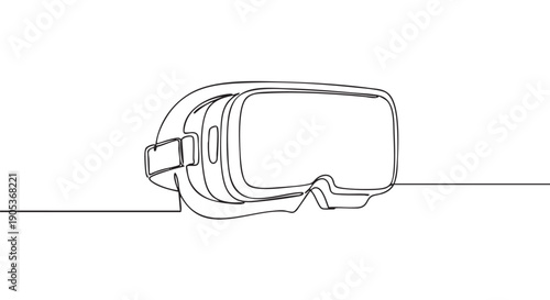 Modern virtual reality headset is depicted in a minimalist continuous one-line drawing style, showcasing future technology and immersive digital experiences with clean artistic simplicity
