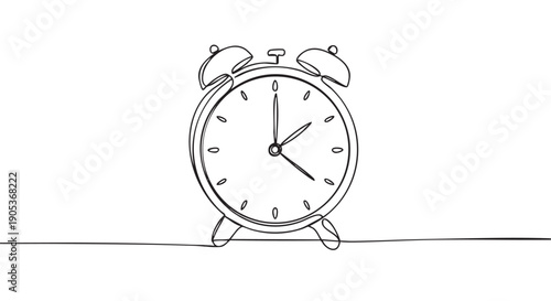Minimalist continuous line drawing alarm clock with bells and two hands depicts the concept of time and urgency in a simple, artistic style