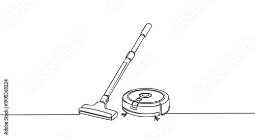 Stick vacuum cleaner and a robot vacuum are depicted in a continuous line art illustration, showcasing modern and traditional home cleaning appliances