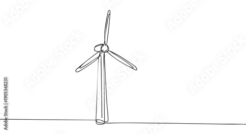 Minimalist continuous line art wind turbine stands tall with three blades, symbolizing renewable energy, sustainable power generation, and ecological progress